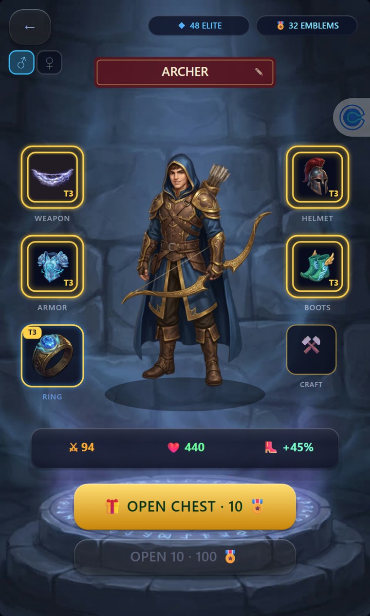 The armory — weapons, armor, boots, helm